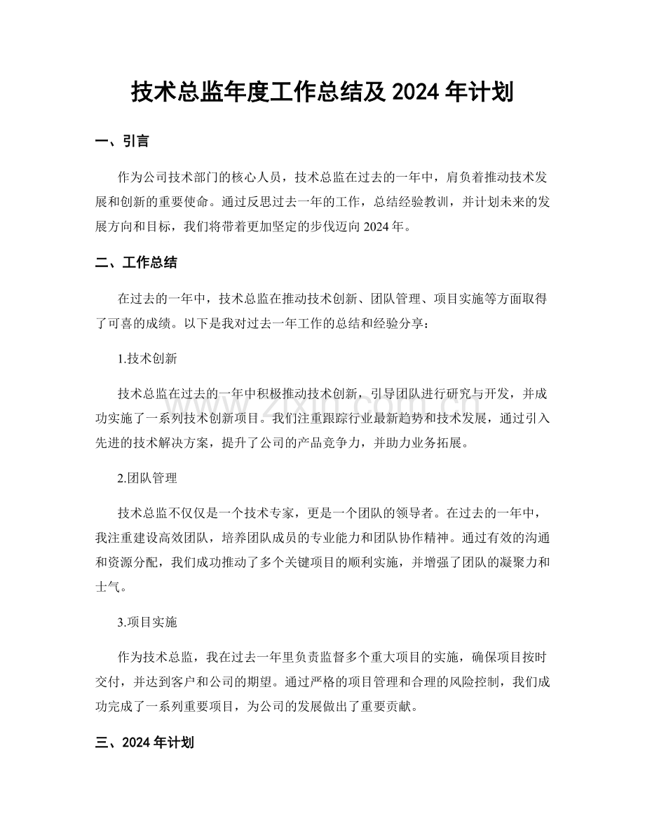 技术总监年度工作总结及2024年计划.docx_第1页