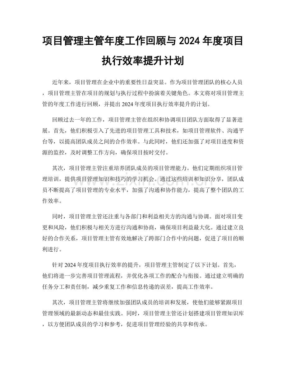 项目管理主管年度工作回顾与2024年度项目执行效率提升计划.docx_第1页