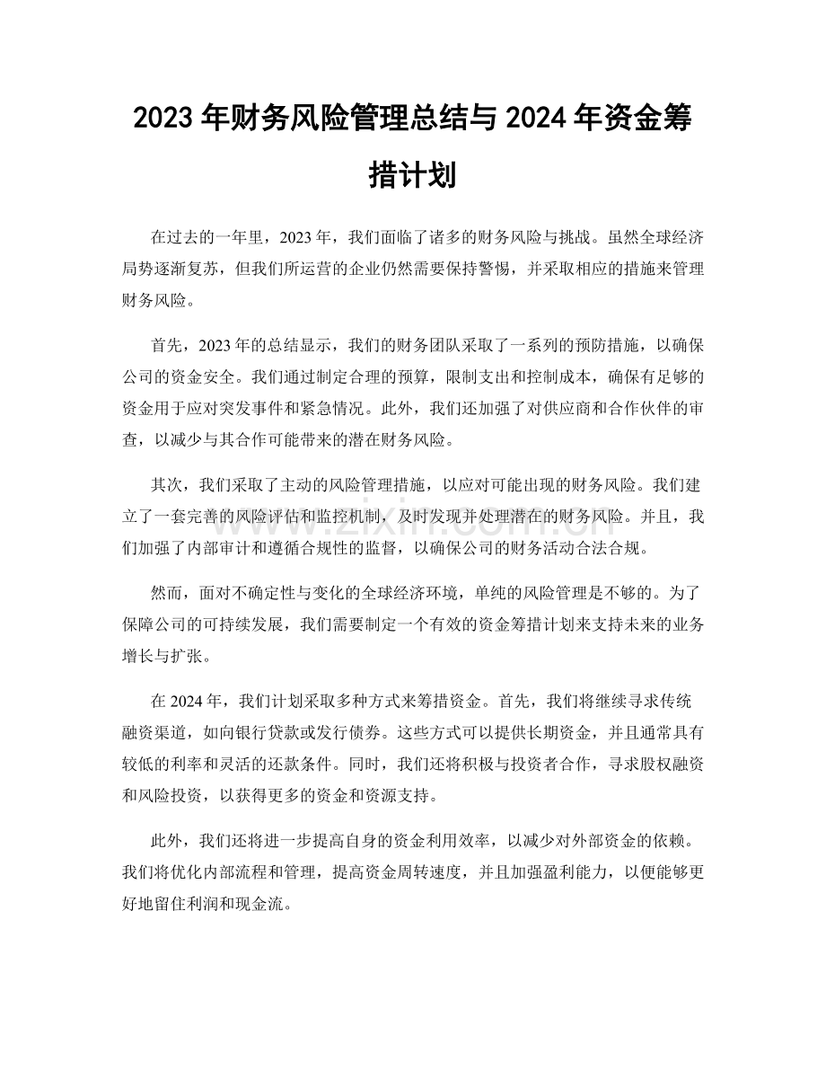 2023年财务风险管理总结与2024年资金筹措计划.docx_第1页