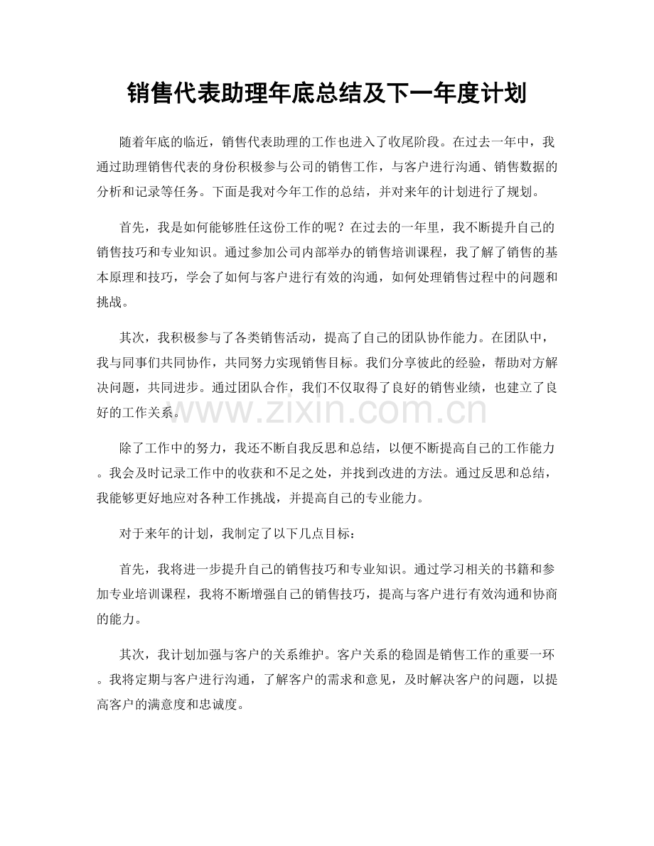 销售代表助理年底总结及下一年度计划.docx_第1页