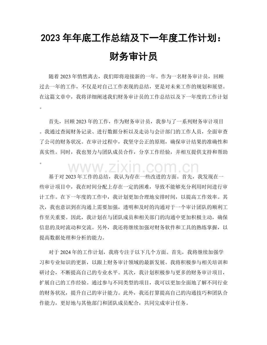 2023年年底工作总结及下一年度工作计划：财务审计员.docx_第1页