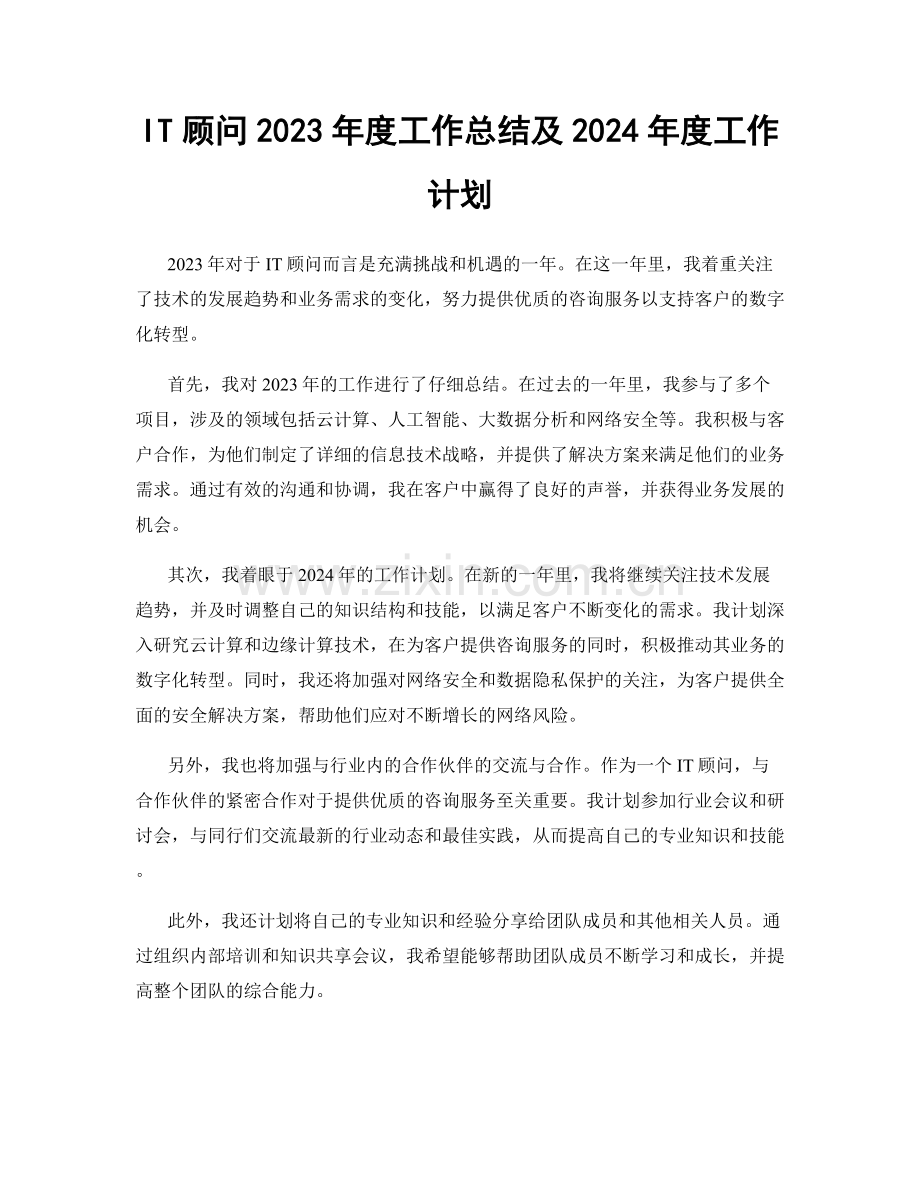 IT顾问2023年度工作总结及2024年度工作计划.docx_第1页