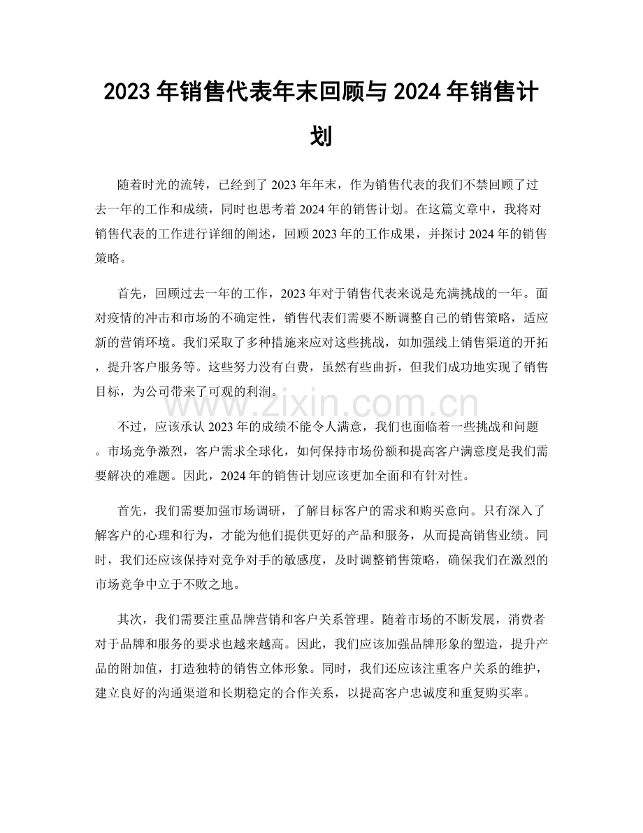 2023年销售代表年末回顾与2024年销售计划.docx_第1页