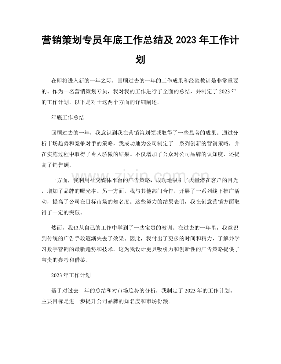 营销策划专员年底工作总结及2023年工作计划.docx_第1页