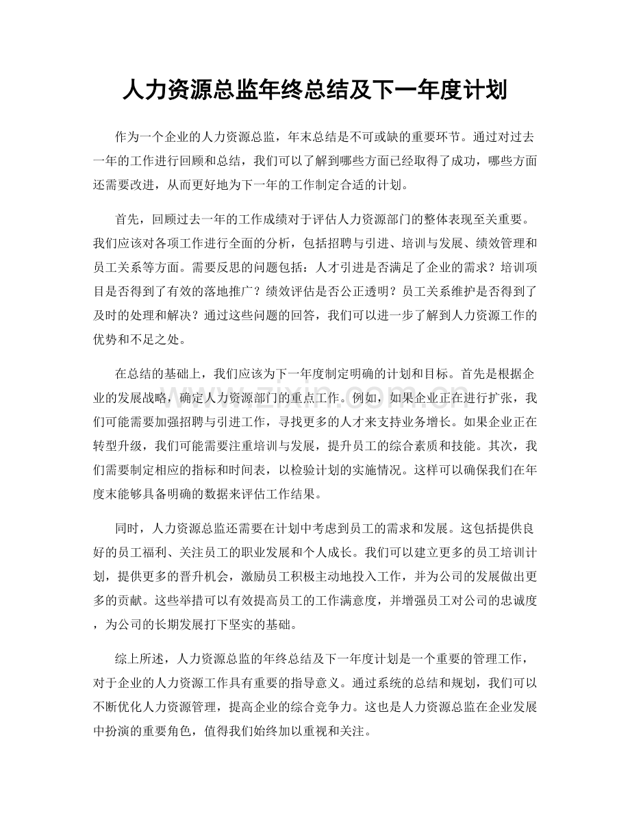 人力资源总监年终总结及下一年度计划.docx_第1页