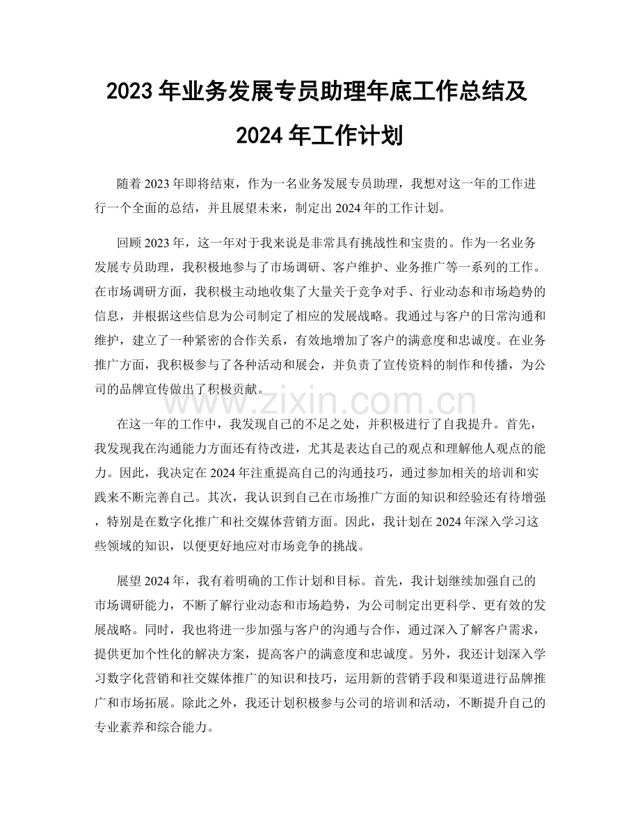 2023年业务发展专员助理年底工作总结及2024年工作计划.docx_第1页