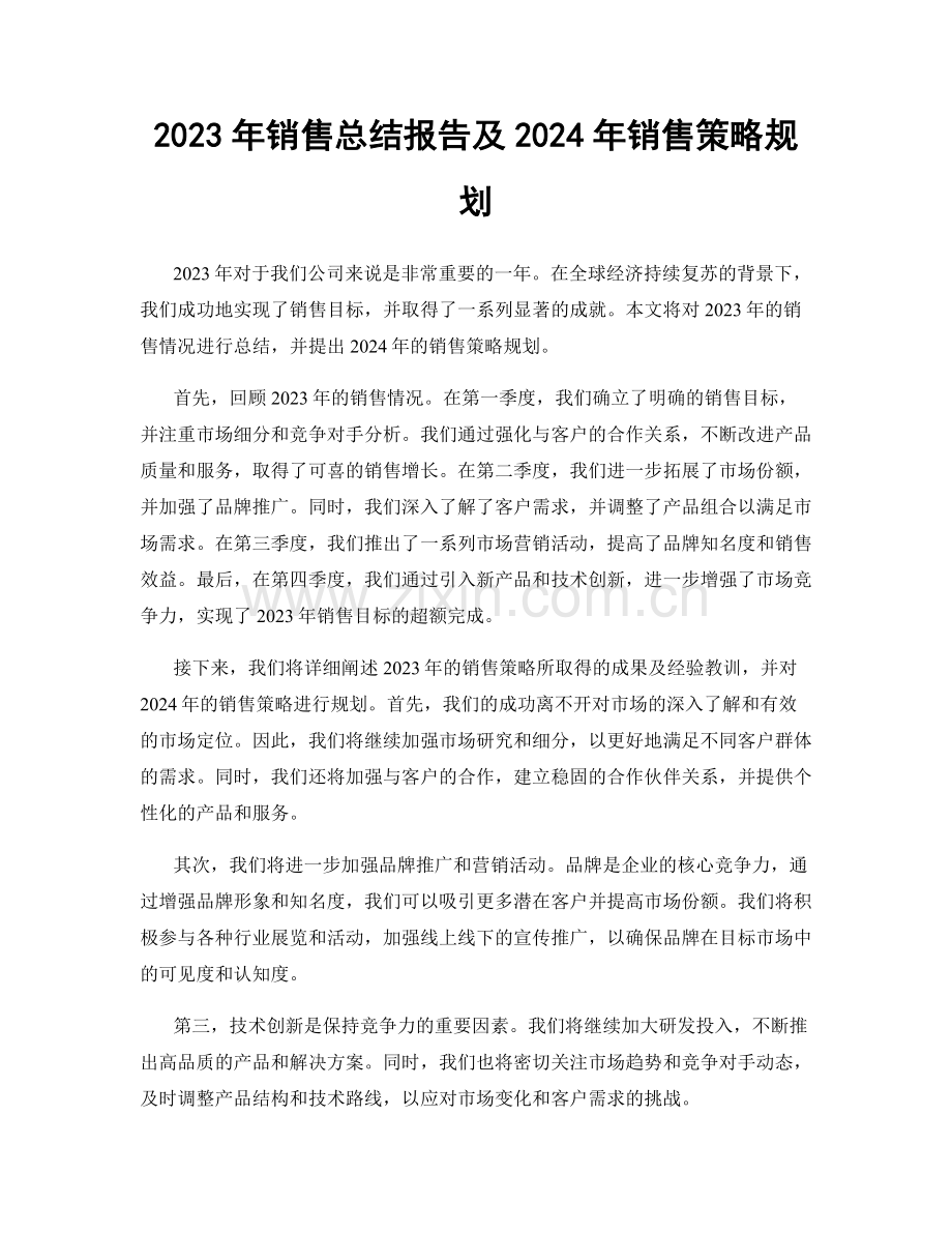 2023年销售总结报告及2024年销售策略规划.docx_第1页