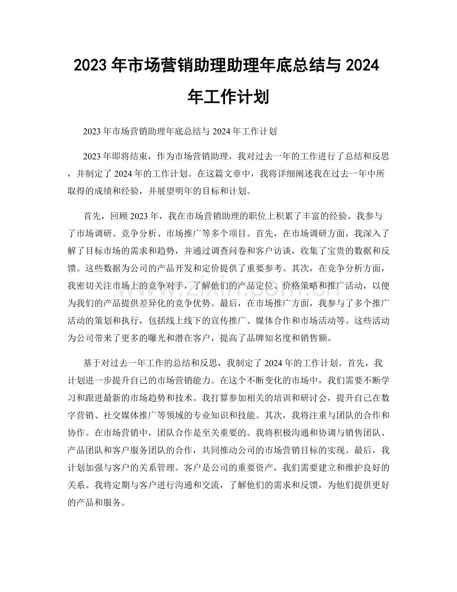 2023年市场营销助理助理年底总结与2024年工作计划.docx_第1页