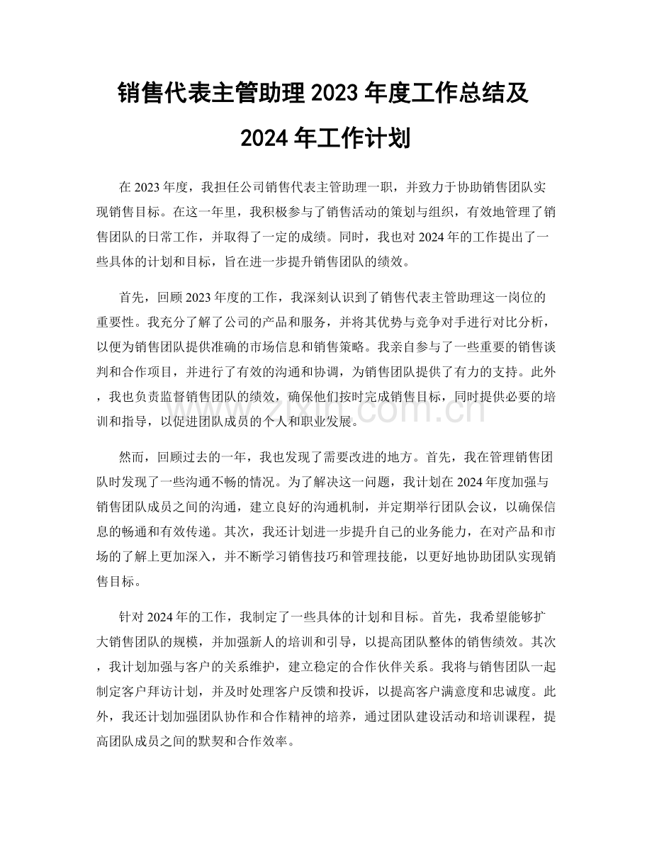 销售代表主管助理2023年度工作总结及2024年工作计划.docx_第1页