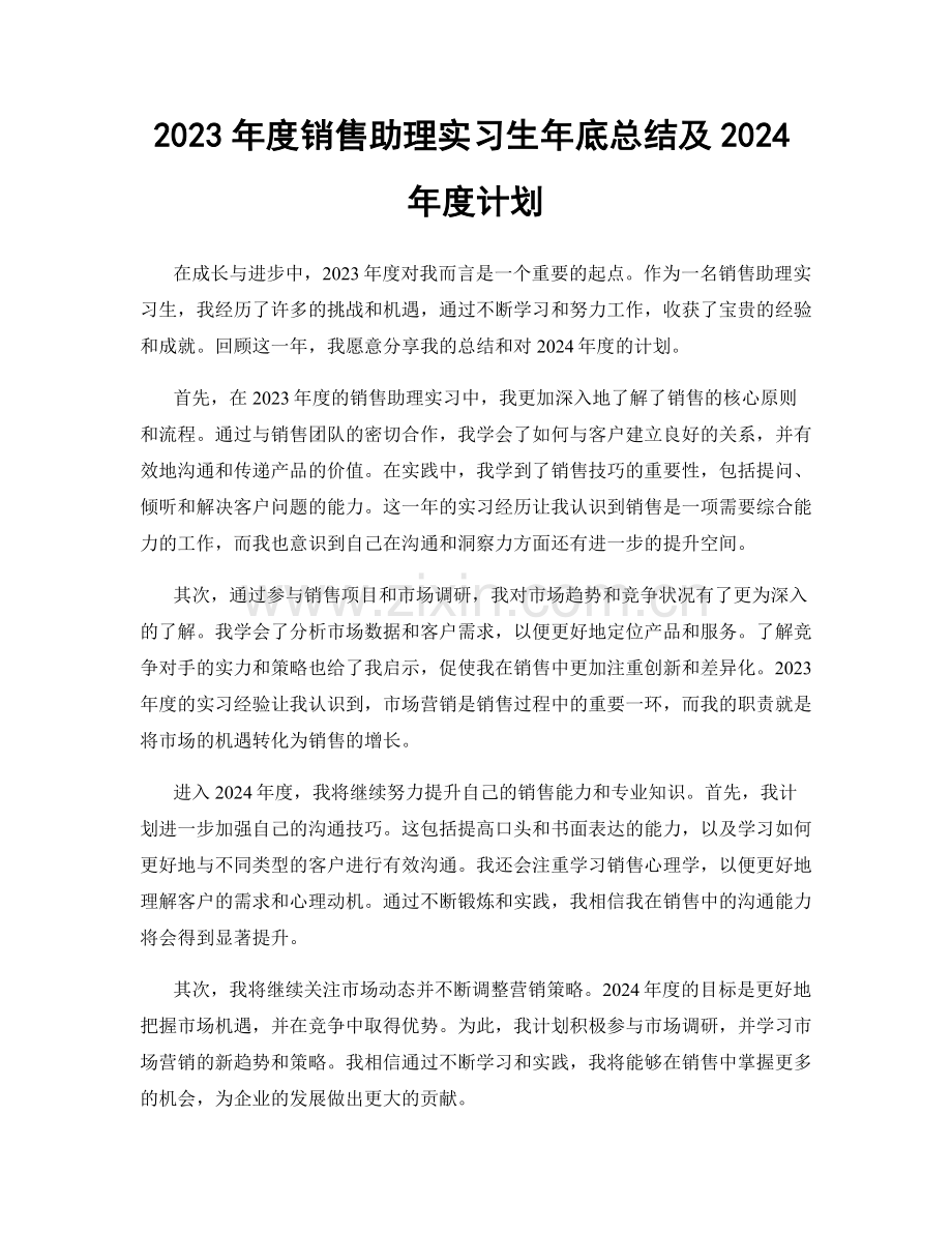 2023年度销售助理实习生年底总结及2024年度计划.docx_第1页