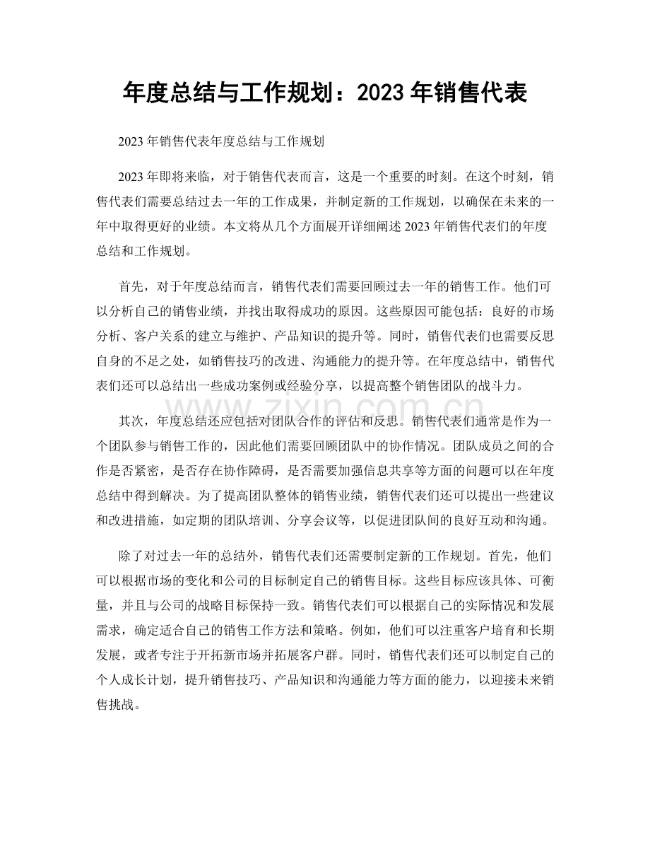 年度总结与工作规划：2023年销售代表.docx_第1页