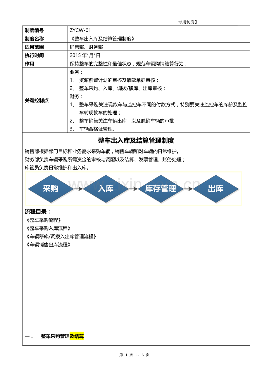 ZYCW01整车出入库及结算管理制度.doc_第1页