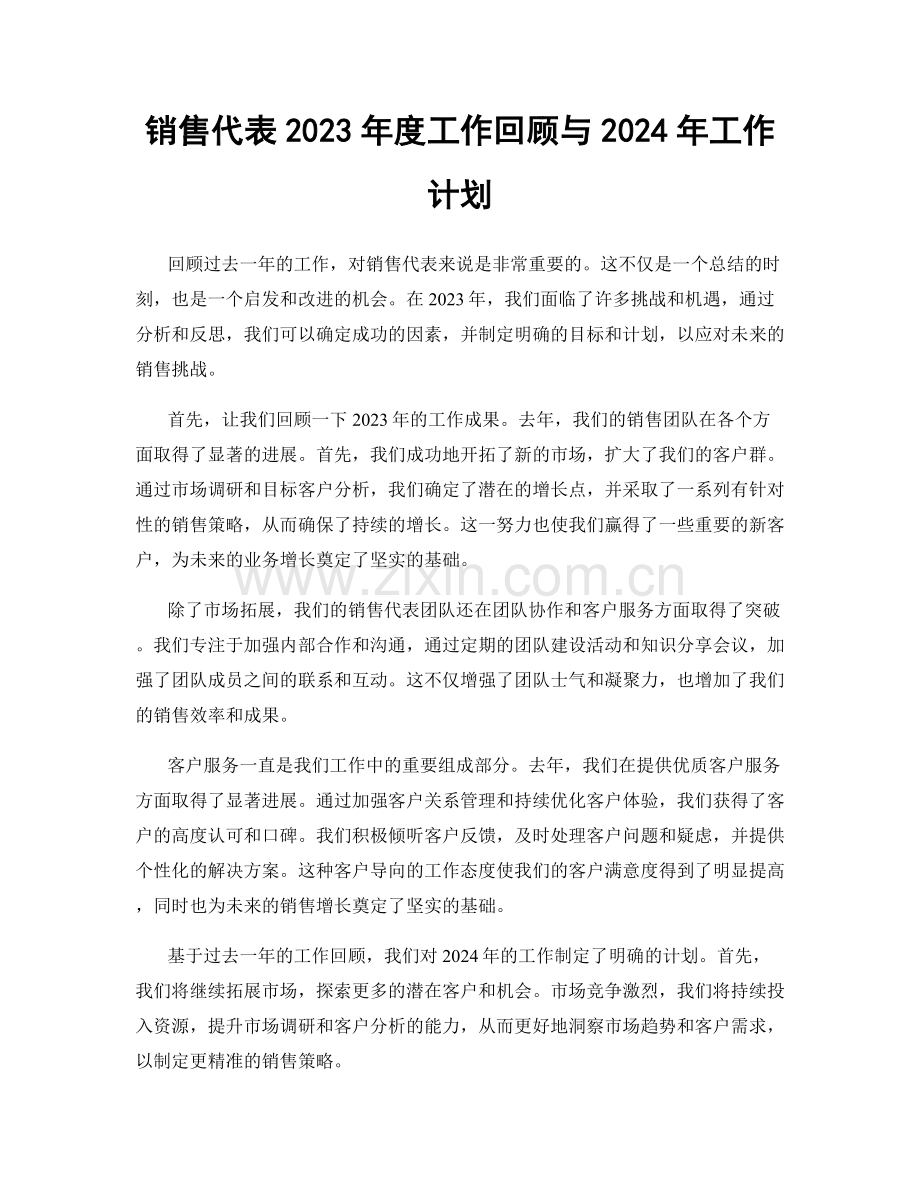 销售代表2023年度工作回顾与2024年工作计划.docx_第1页