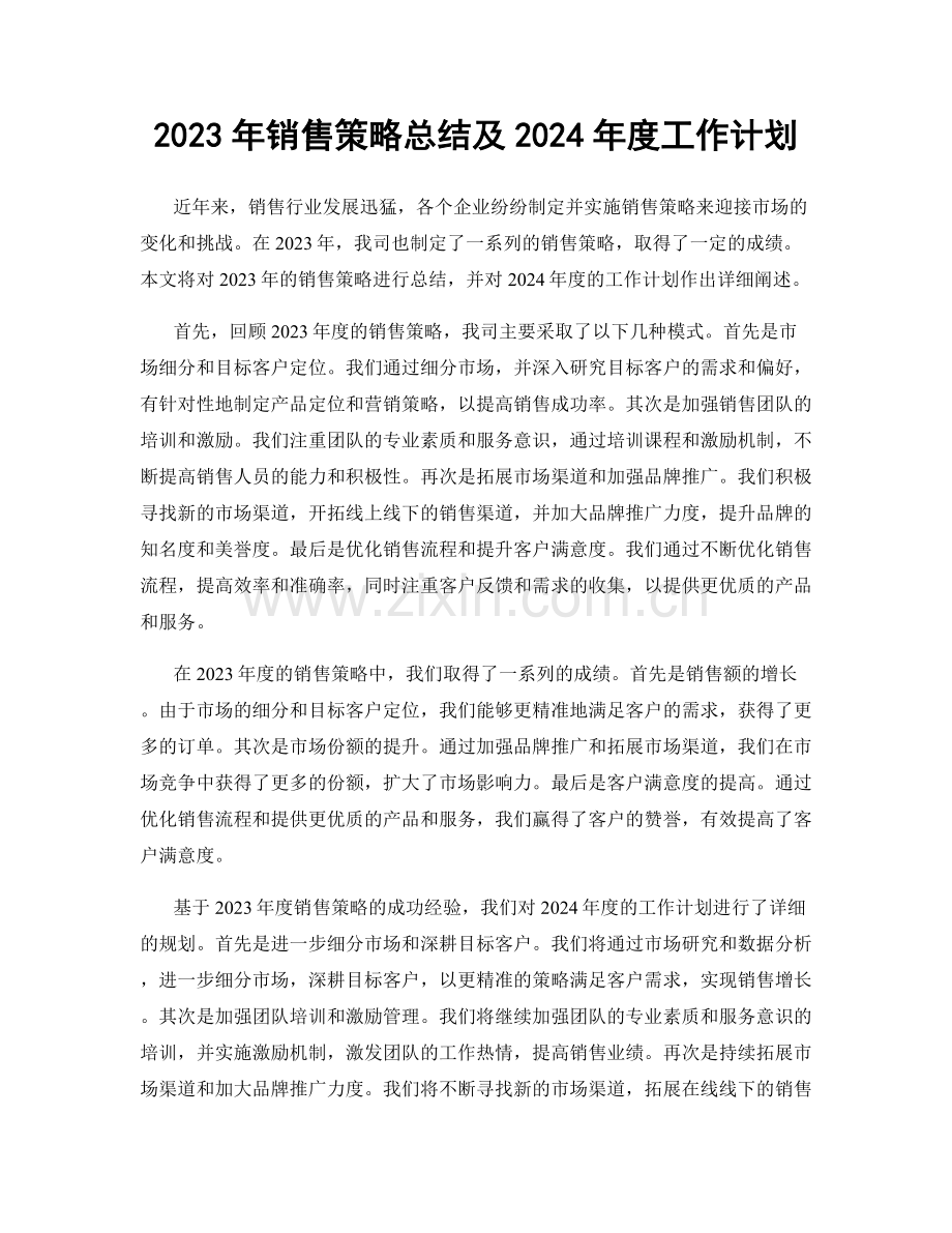 2023年销售策略总结及2024年度工作计划.docx_第1页