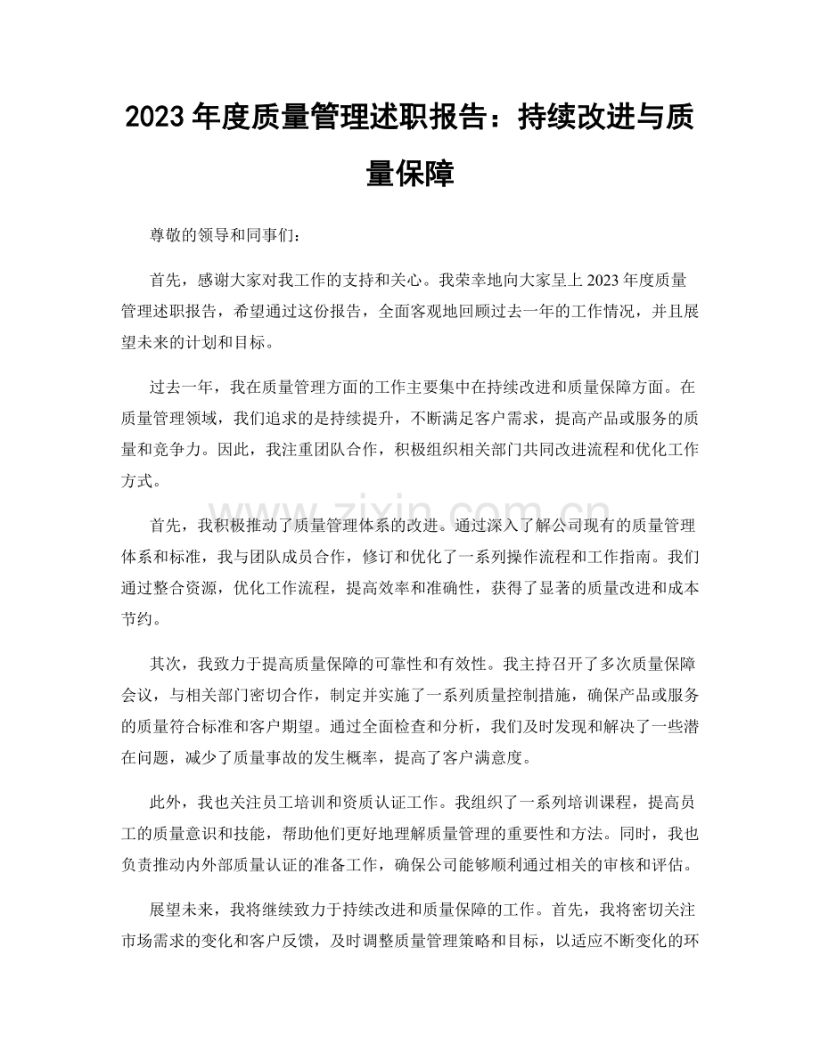 2023年度质量管理述职报告：持续改进与质量保障.docx_第1页