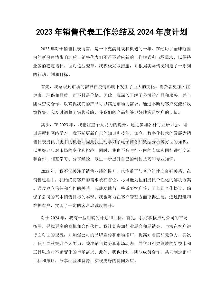 2023年销售代表工作总结及2024年度计划.docx_第1页