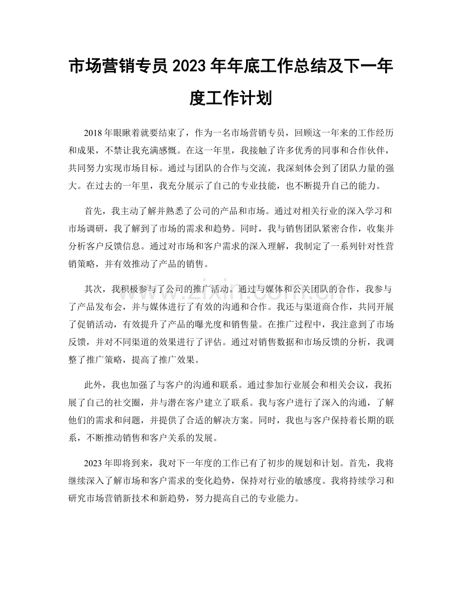 市场营销专员2023年年底工作总结及下一年度工作计划.docx_第1页