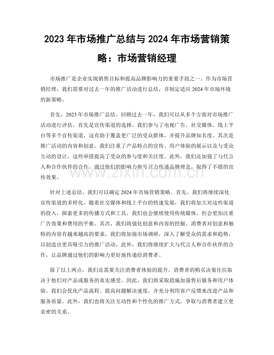 2023年市场推广总结与2024年市场营销策略：市场营销经理.docx_第1页