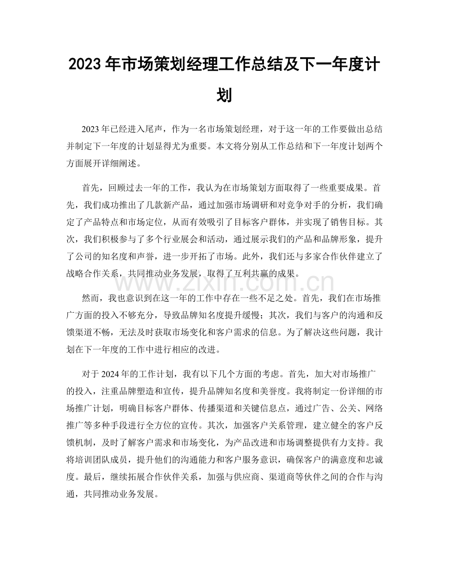 2023年市场策划经理工作总结及下一年度计划.docx_第1页