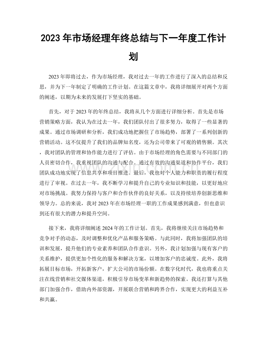 2023年市场经理年终总结与下一年度工作计划.docx_第1页