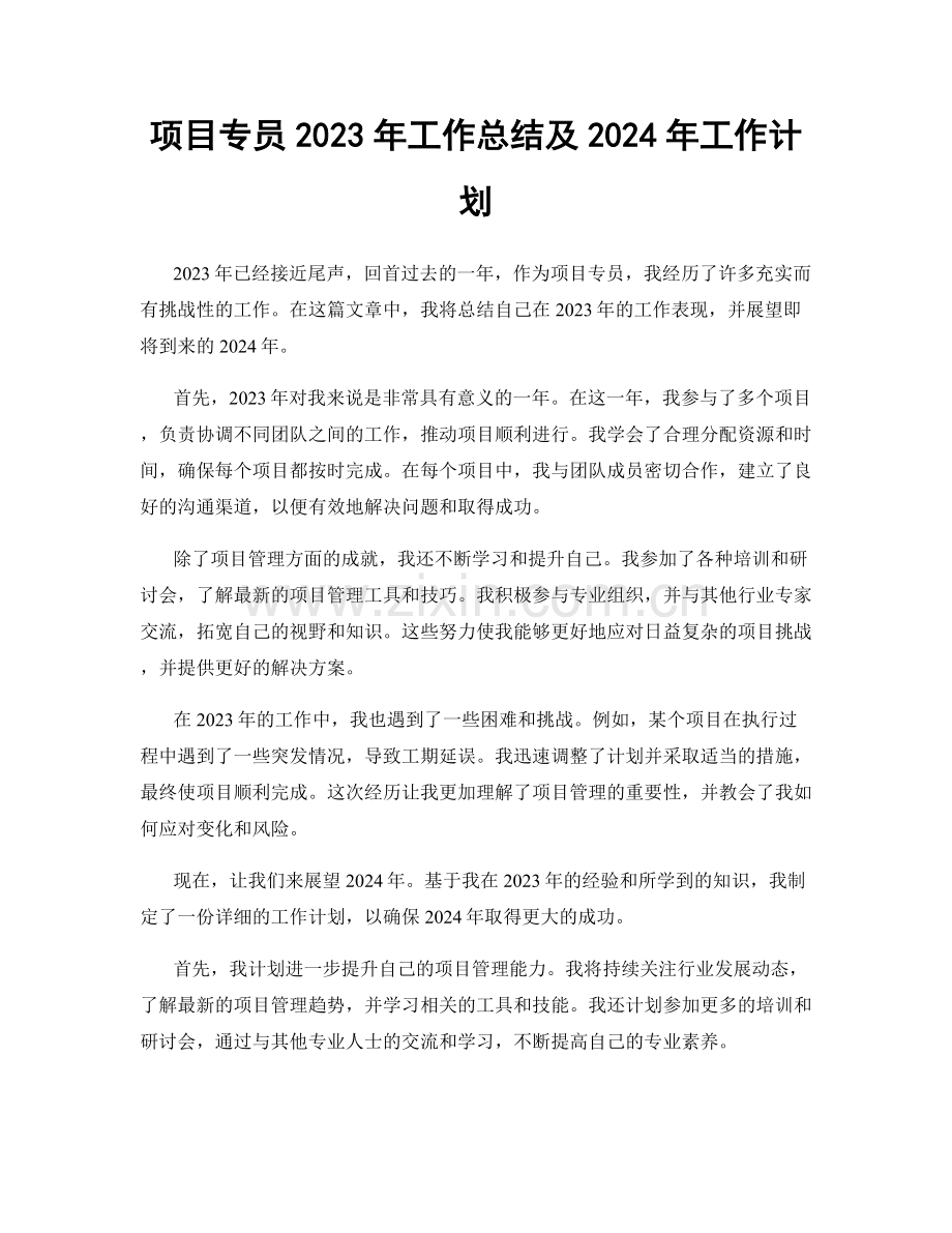 项目专员2023年工作总结及2024年工作计划.docx_第1页