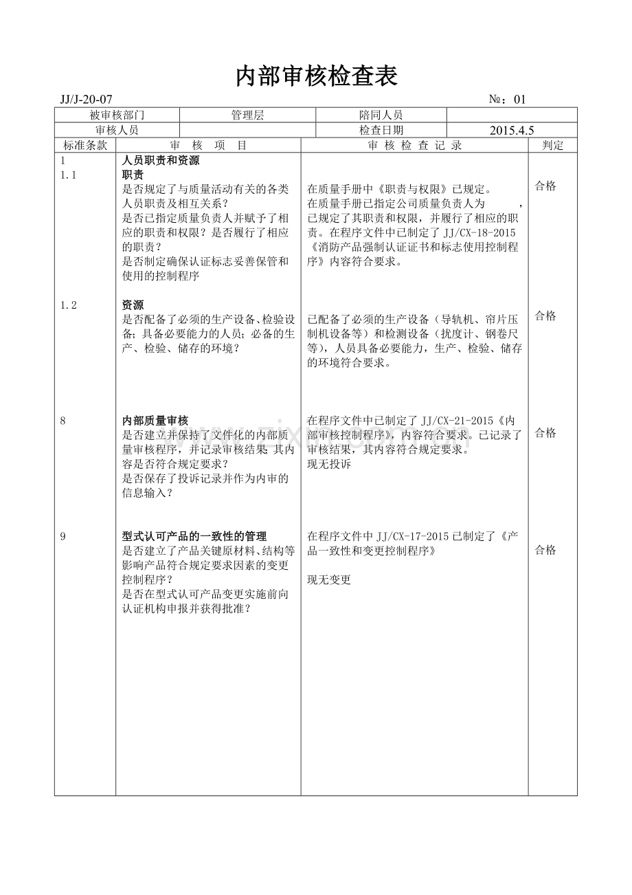 防火卷帘企业内部审核检查表已填.doc_第1页