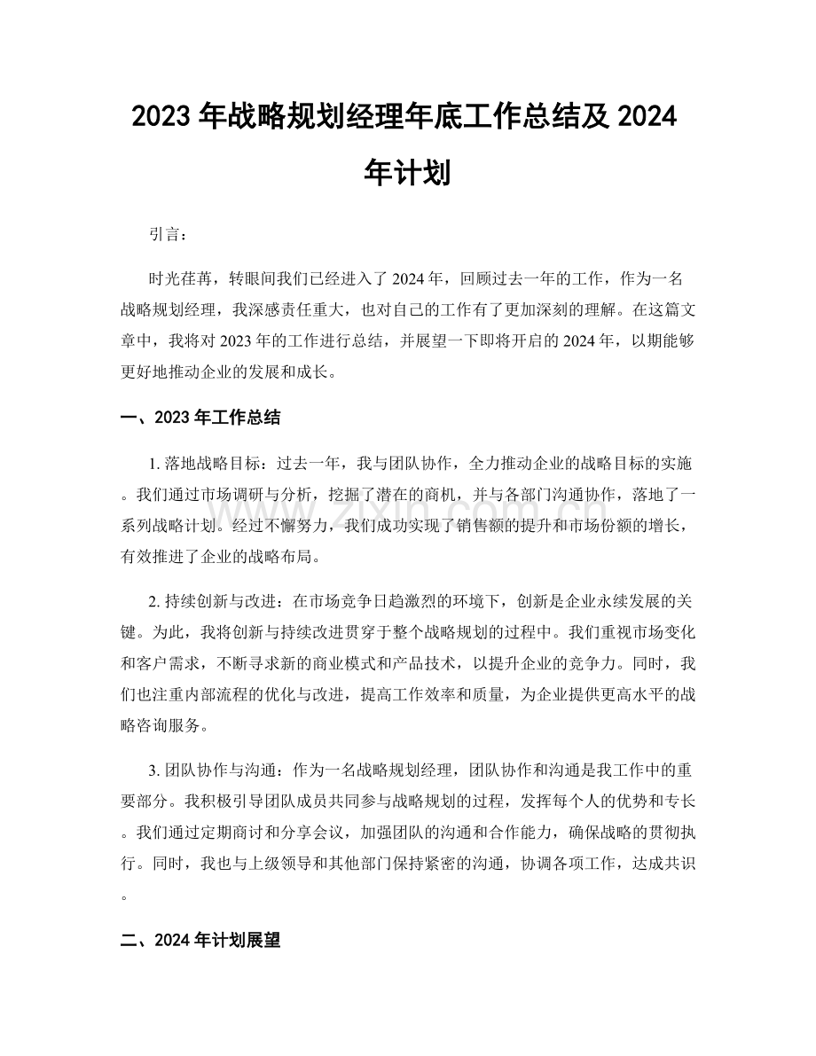 2023年战略规划经理年底工作总结及2024年计划.docx_第1页