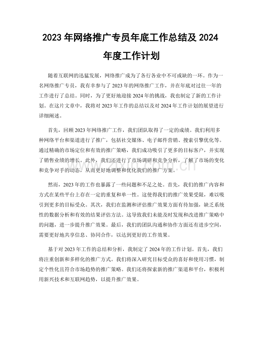 2023年网络推广专员年底工作总结及2024年度工作计划.docx_第1页