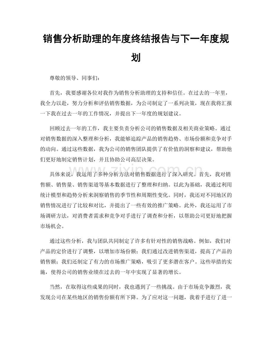 销售分析助理的年度终结报告与下一年度规划.docx_第1页