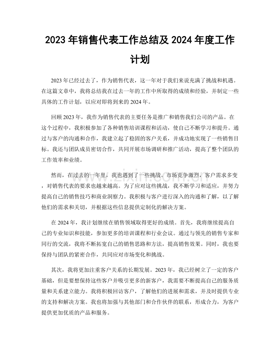 2023年销售代表工作总结及2024年度工作计划.docx_第1页