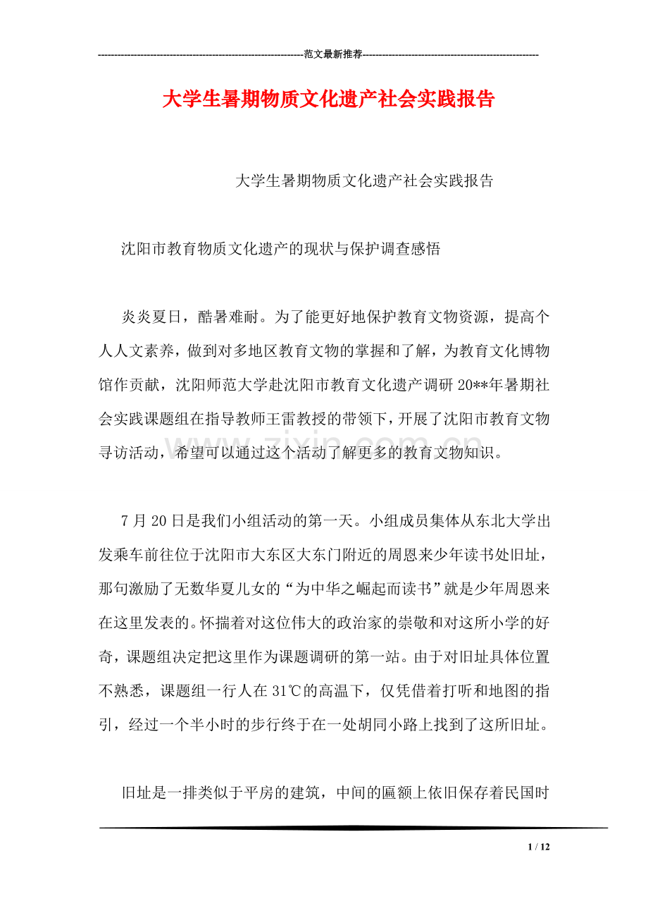 大学生暑期物质文化遗产社会实践报告.doc_第1页