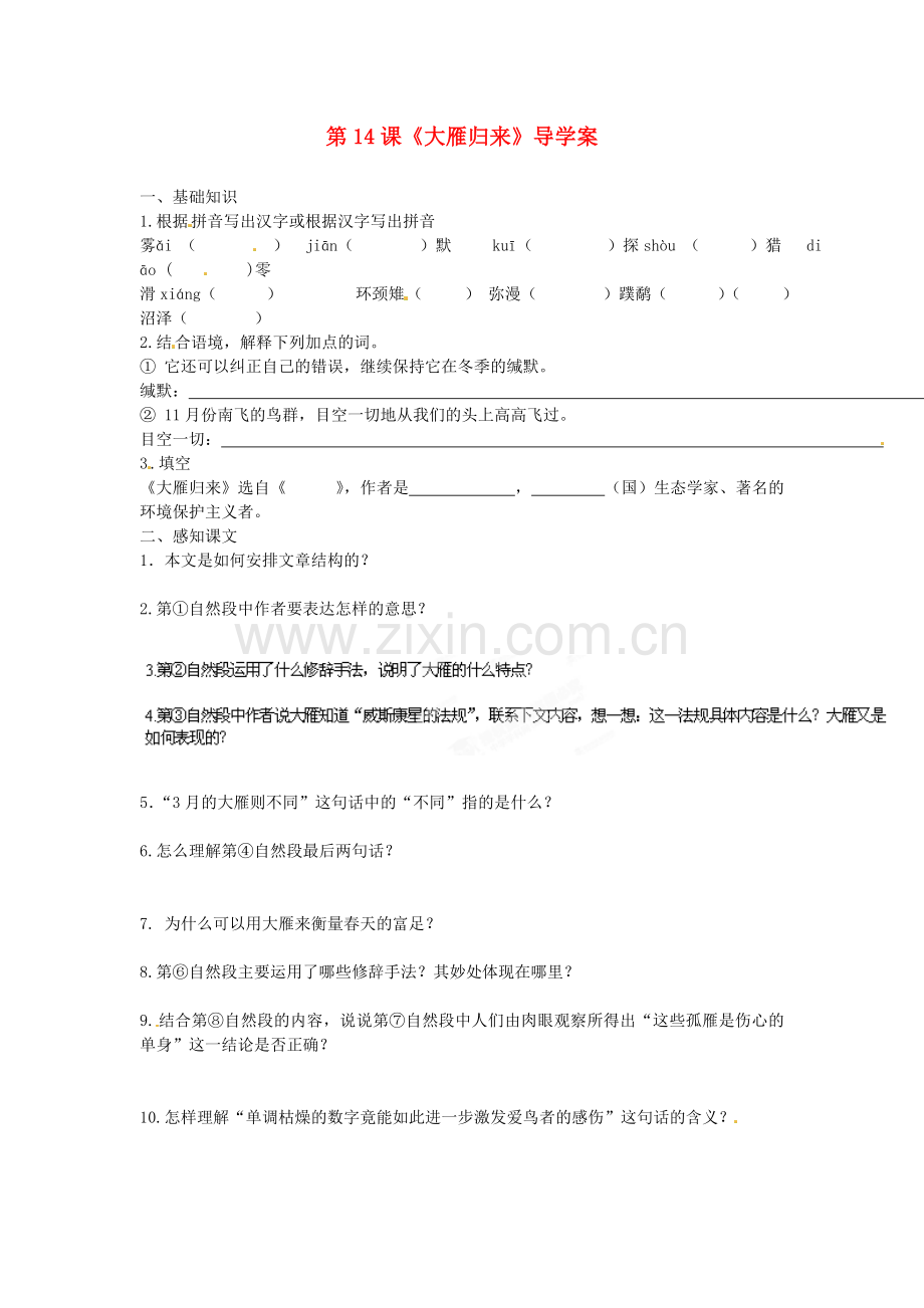 2018年人教版八年级语文下册《大雁归来》导学案之十一.docx_第1页