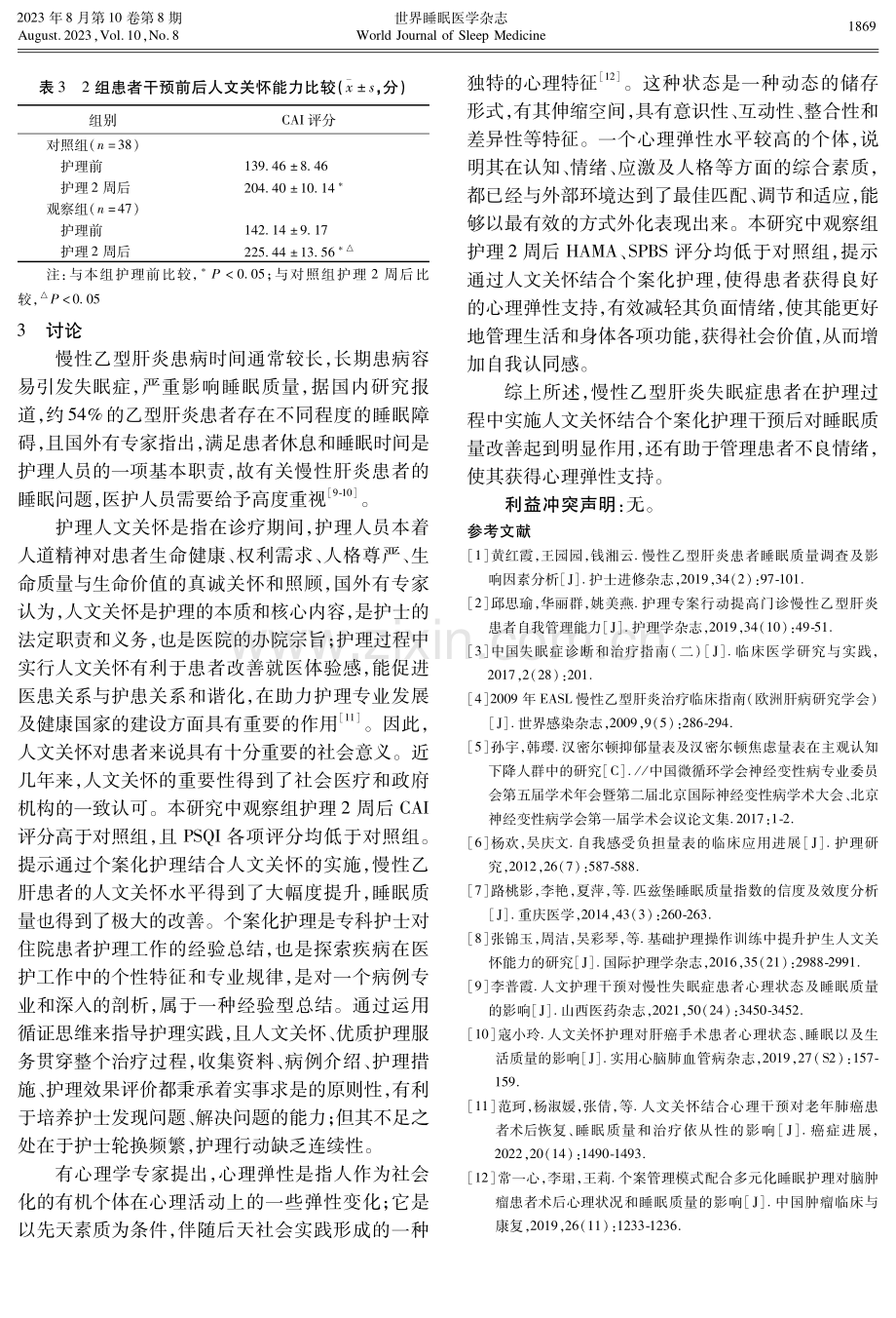 分析人文关怀结合个案化护理对慢性乙型肝炎失眠症患者心理弹性支持、睡眠质量的影响.pdf_第3页