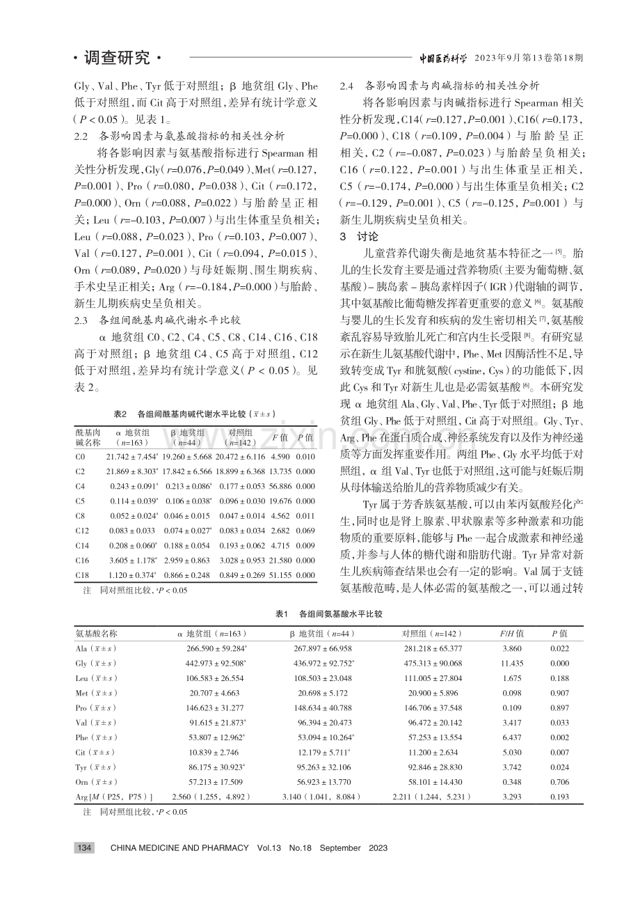 佛山市顺德区地中海贫血患儿氨基酸及酰基肉碱的代谢特点分析.pdf_第3页