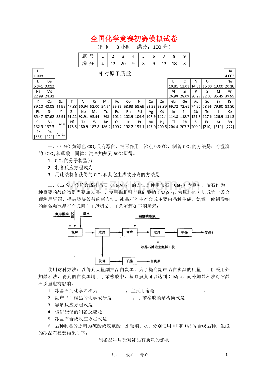 全国化学竞赛预赛模拟试卷10.doc_第1页