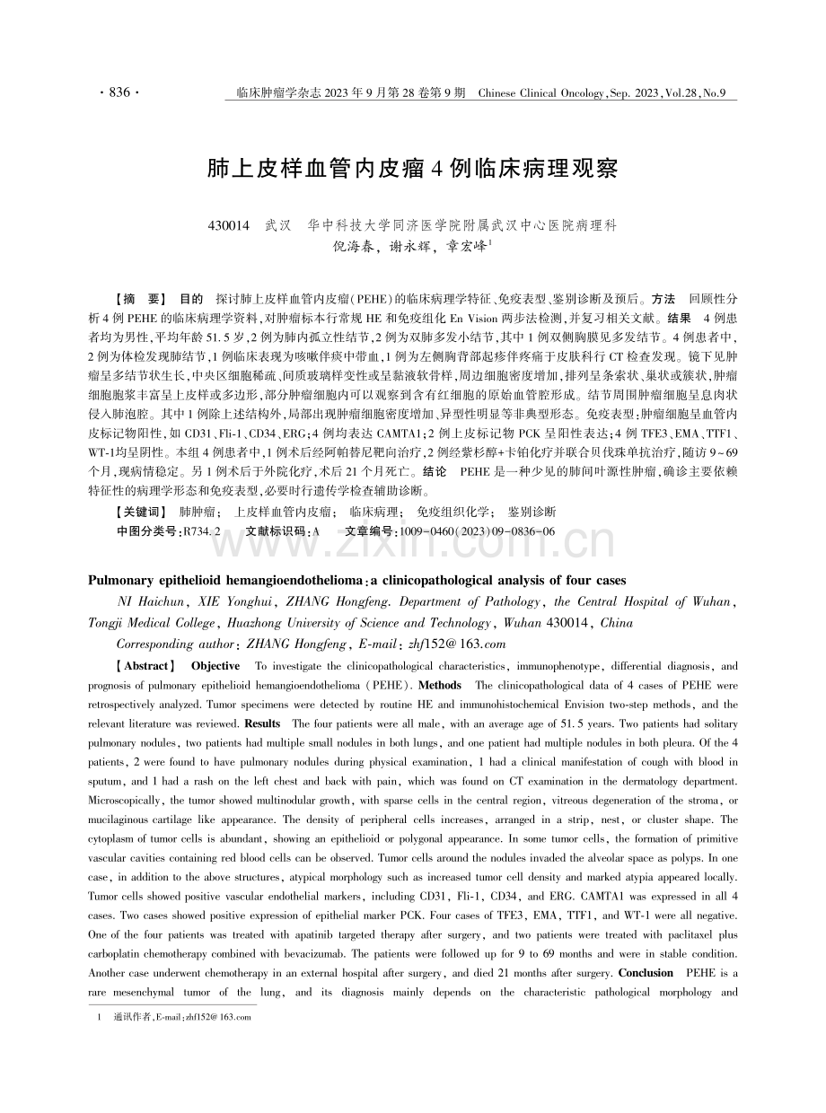 肺上皮样血管内皮瘤4例临床病理观察.pdf_第1页