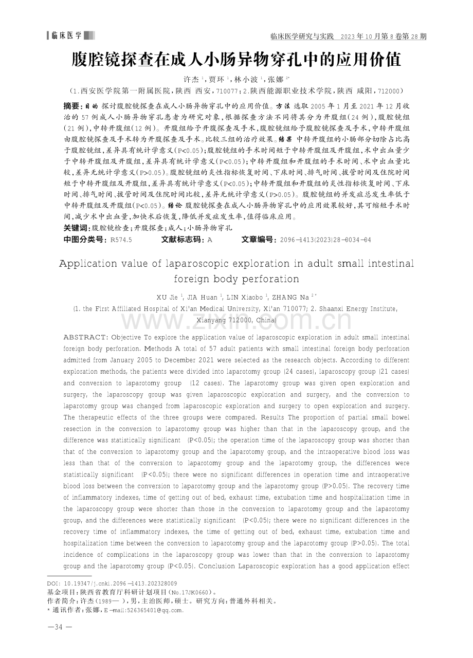 腹腔镜探查在成人小肠异物穿孔中的应用价值.pdf_第1页