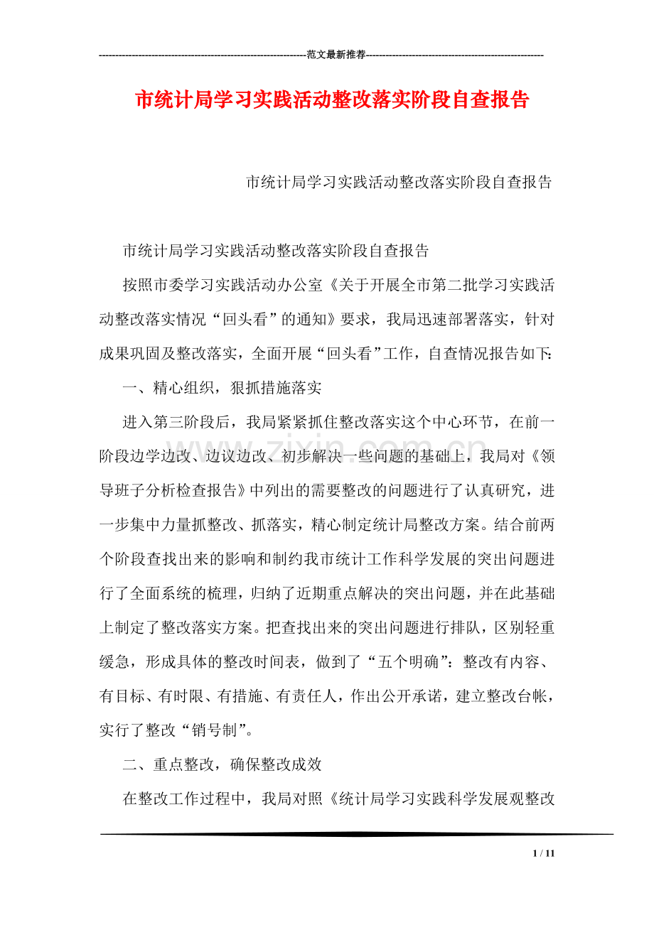 市统计局学习实践活动整改落实阶段自查报告.doc_第1页