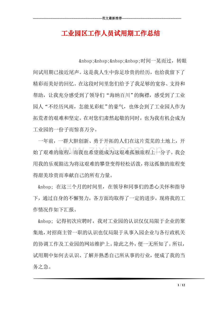 工业园区工作人员试用期工作总结.doc_第1页