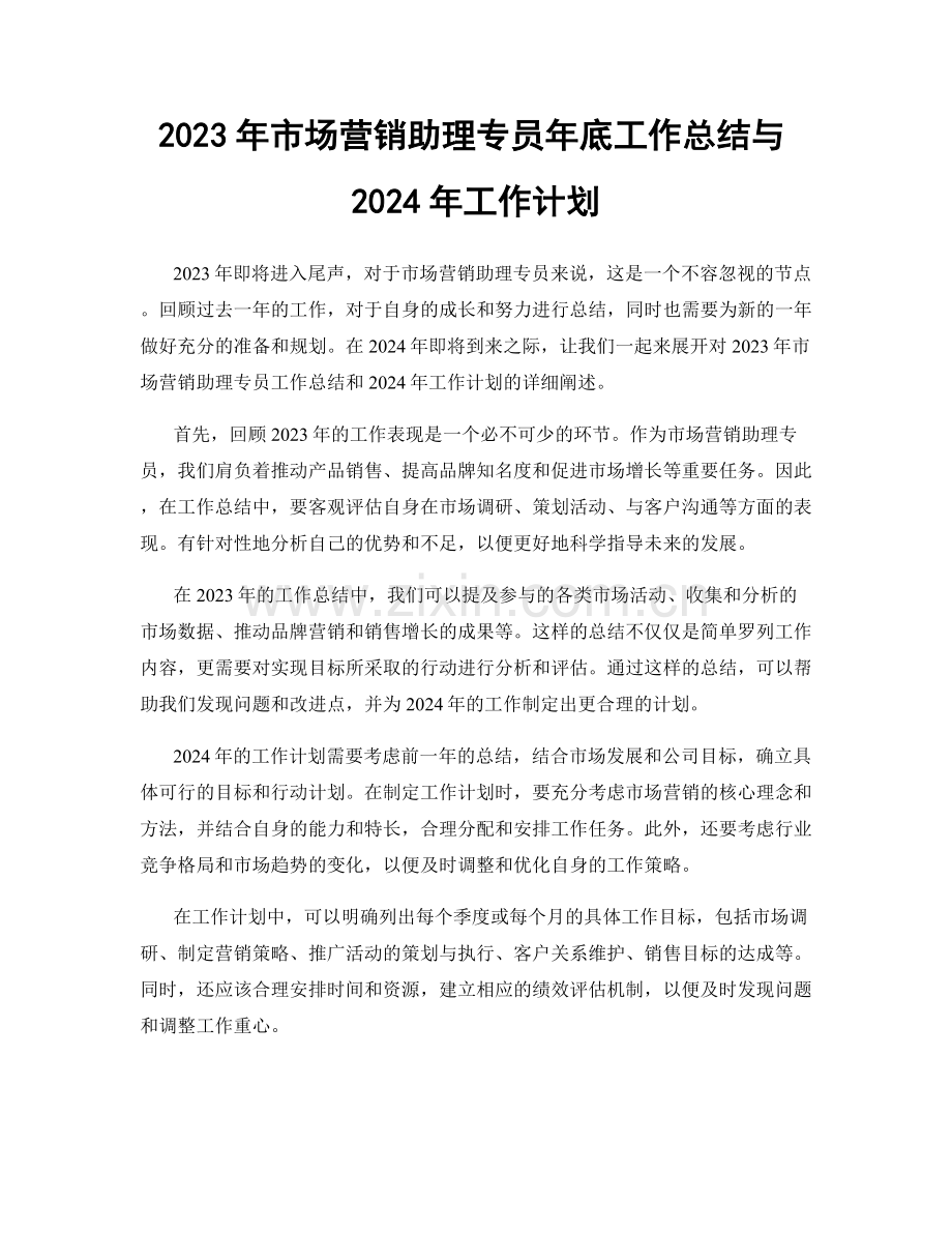 2023年市场营销助理专员年底工作总结与2024年工作计划.docx_第1页