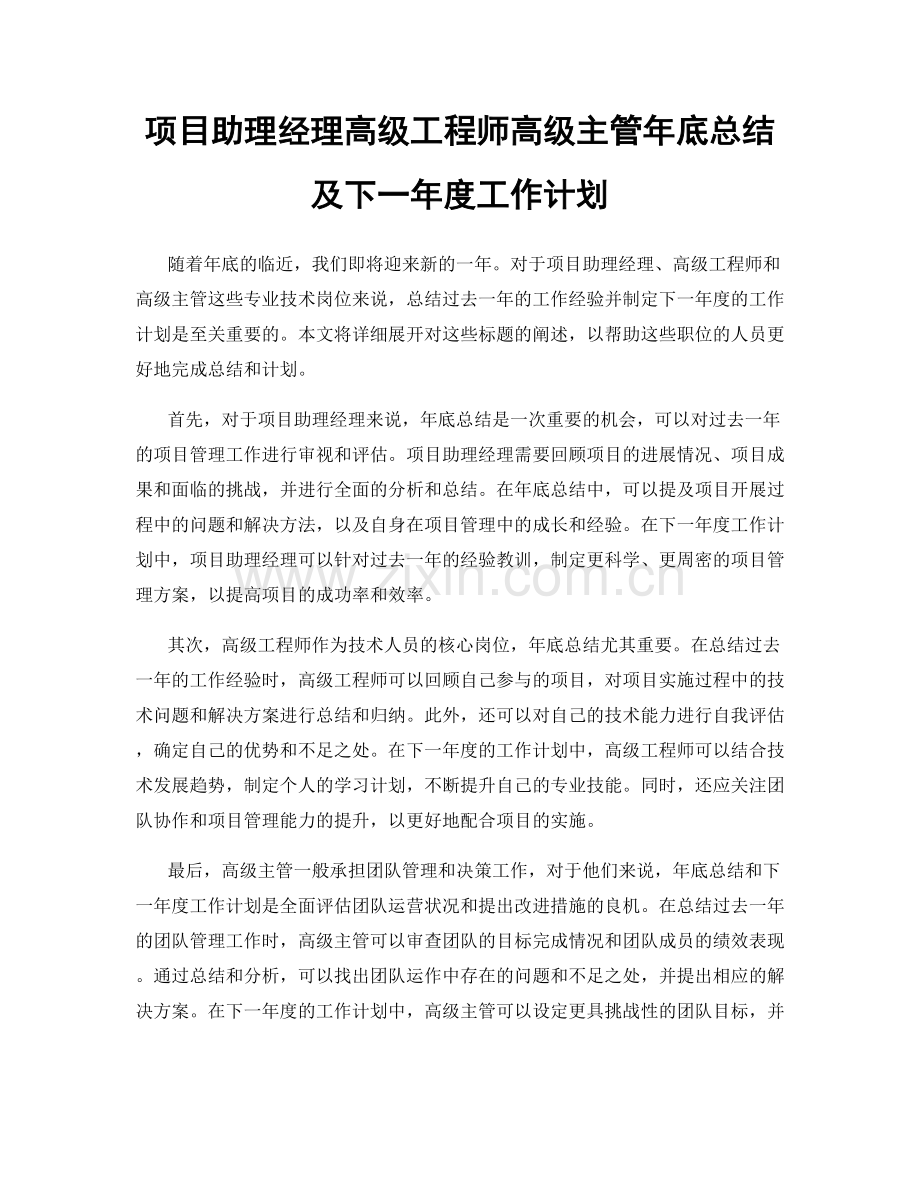 项目助理经理高级工程师高级主管年底总结及下一年度工作计划.docx_第1页