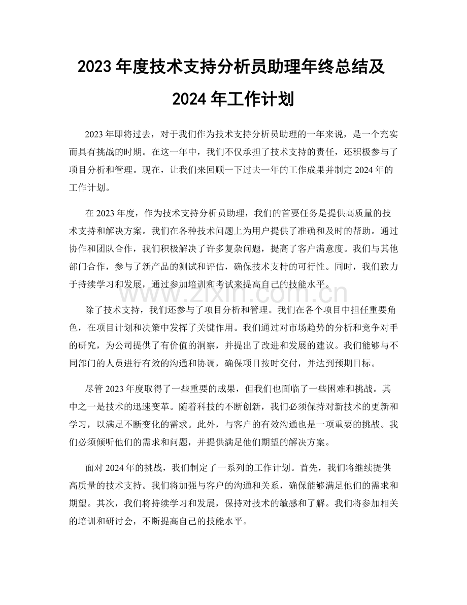 2023年度技术支持分析员助理年终总结及2024年工作计划.docx_第1页