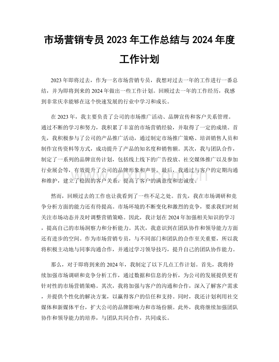 市场营销专员2023年工作总结与2024年度工作计划.docx_第1页