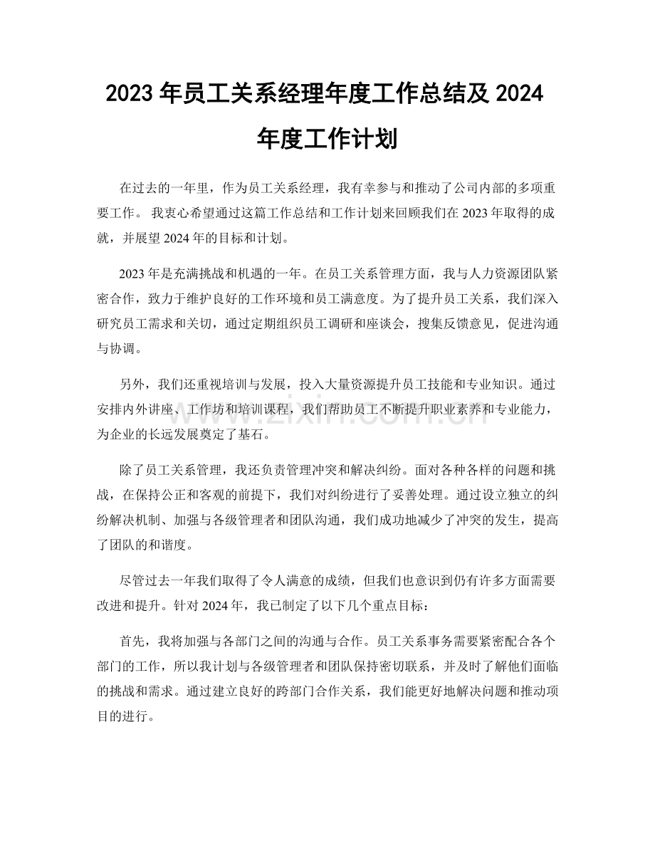 2023年员工关系经理年度工作总结及2024年度工作计划.docx_第1页