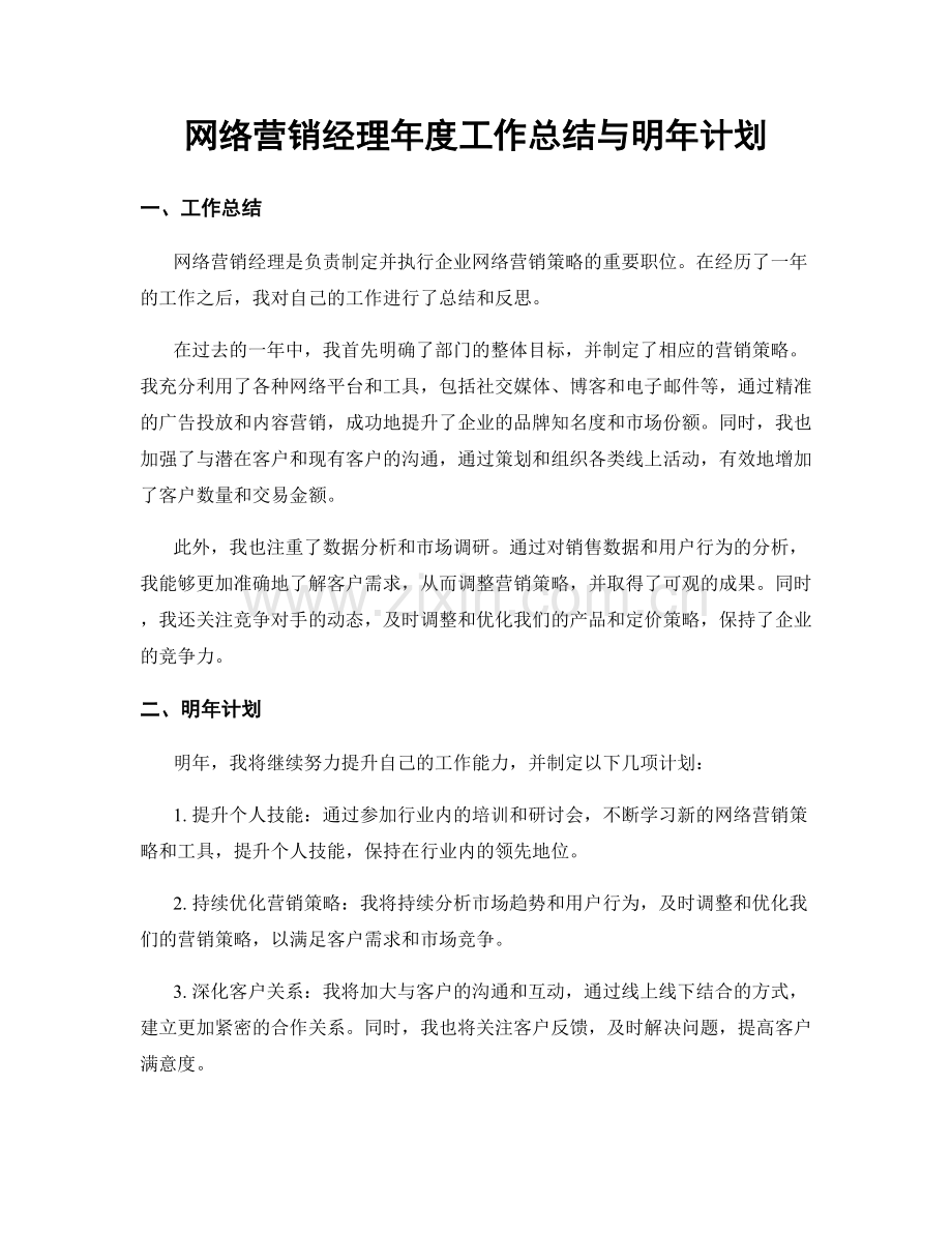 网络营销经理年度工作总结与明年计划.docx_第1页