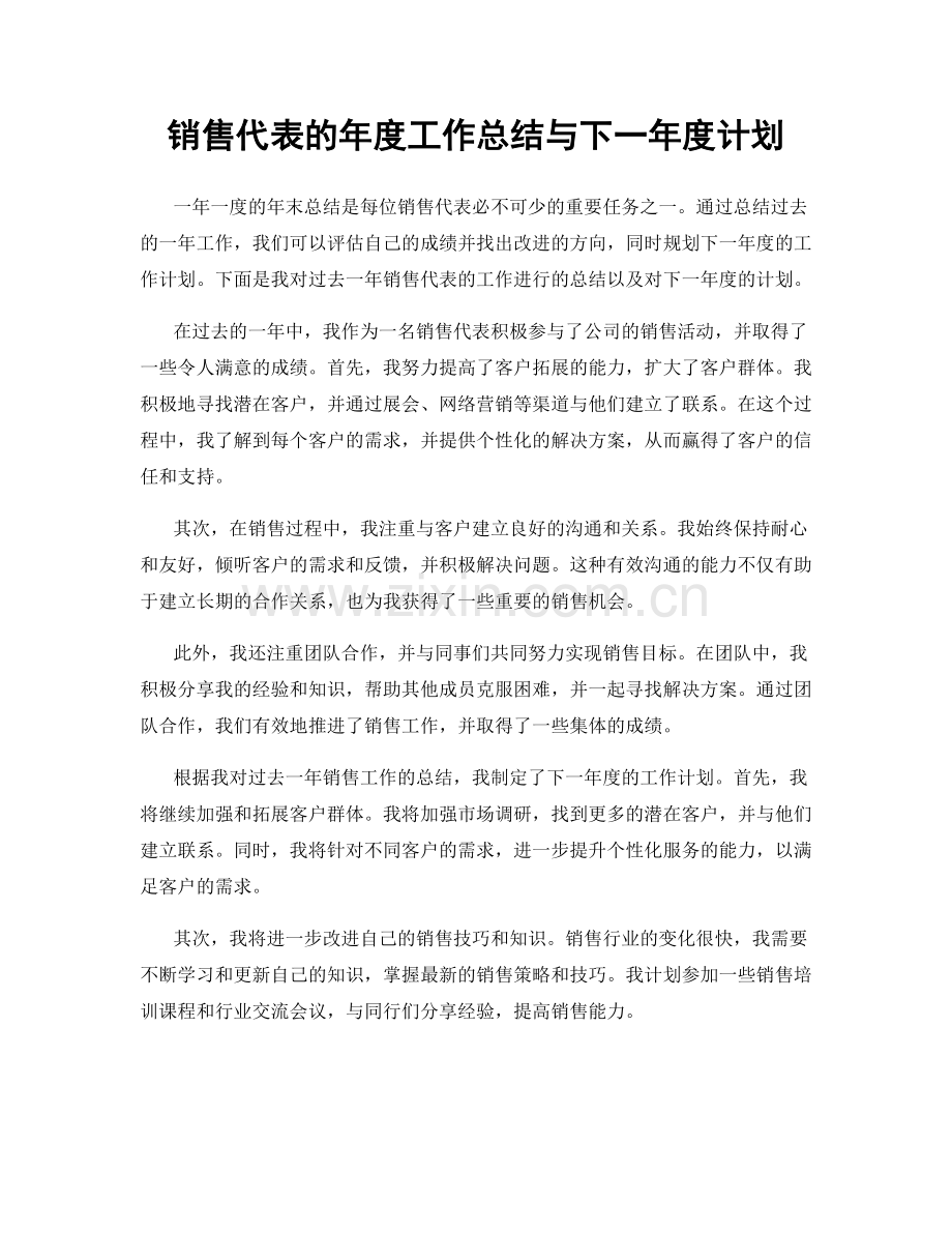 销售代表的年度工作总结与下一年度计划.docx_第1页