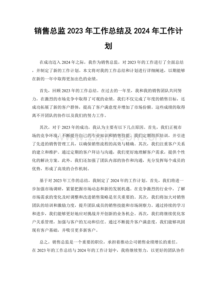 销售总监2023年工作总结及2024年工作计划.docx_第1页