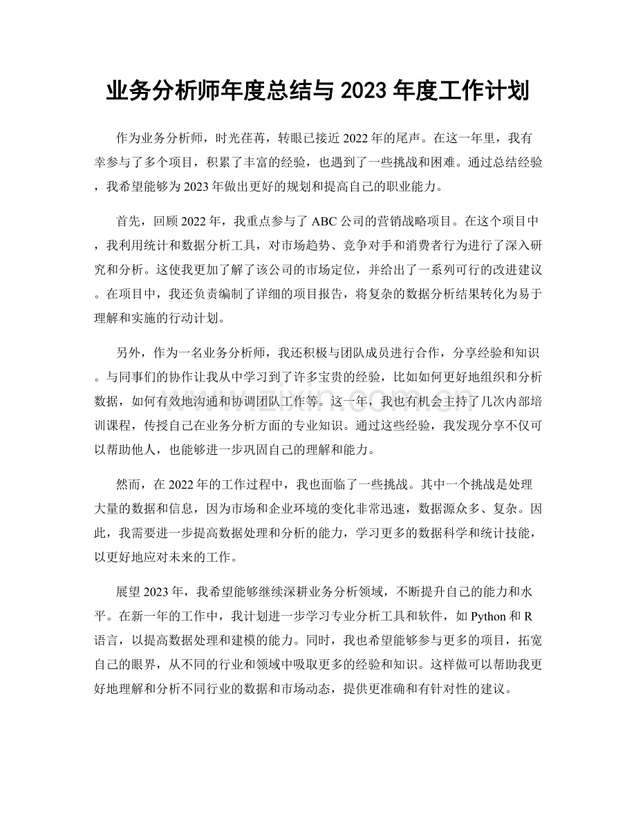 业务分析师年度总结与2023年度工作计划.docx_第1页