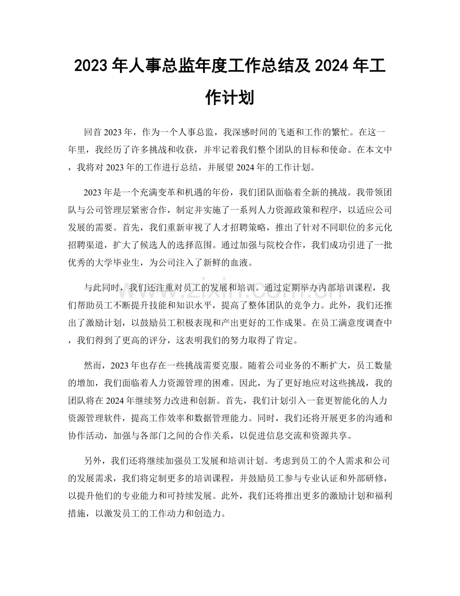 2023年人事总监年度工作总结及2024年工作计划.docx_第1页