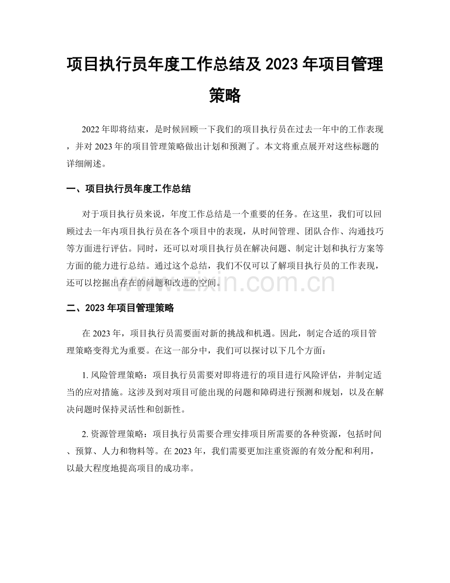 项目执行员年度工作总结及2023年项目管理策略.docx_第1页